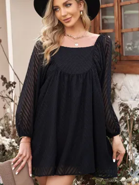 Lantern Long Sleeve Square Neck Solid Color Mini Boho Dress