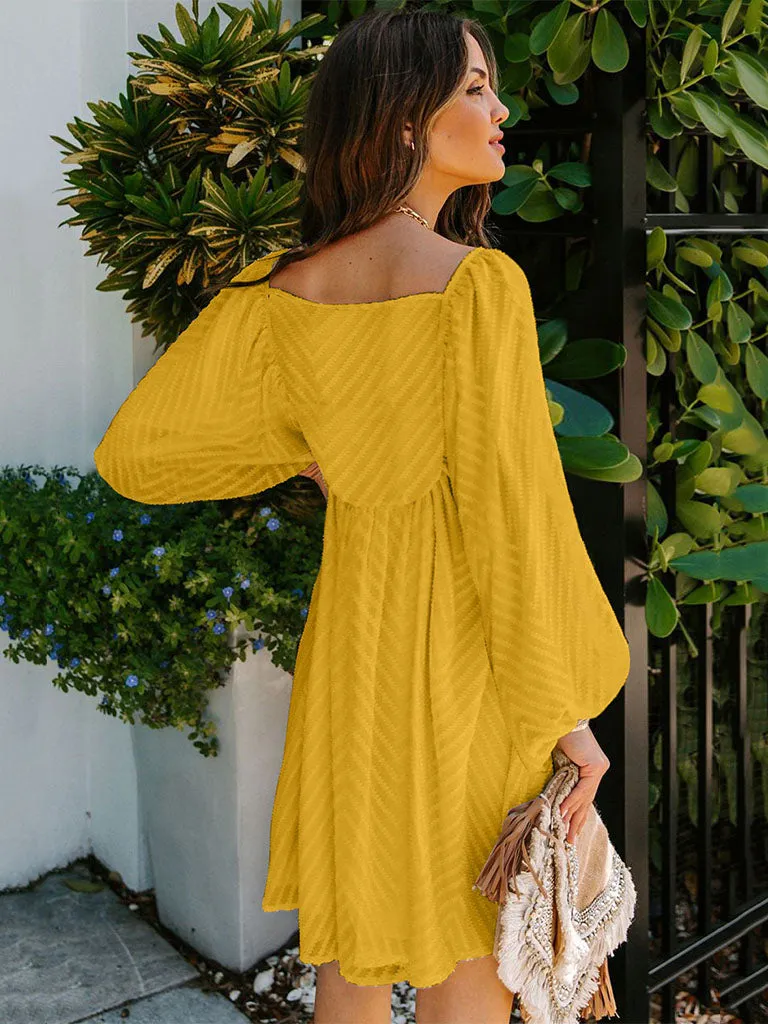 Lantern Long Sleeve Square Neck Solid Color Mini Boho Dress