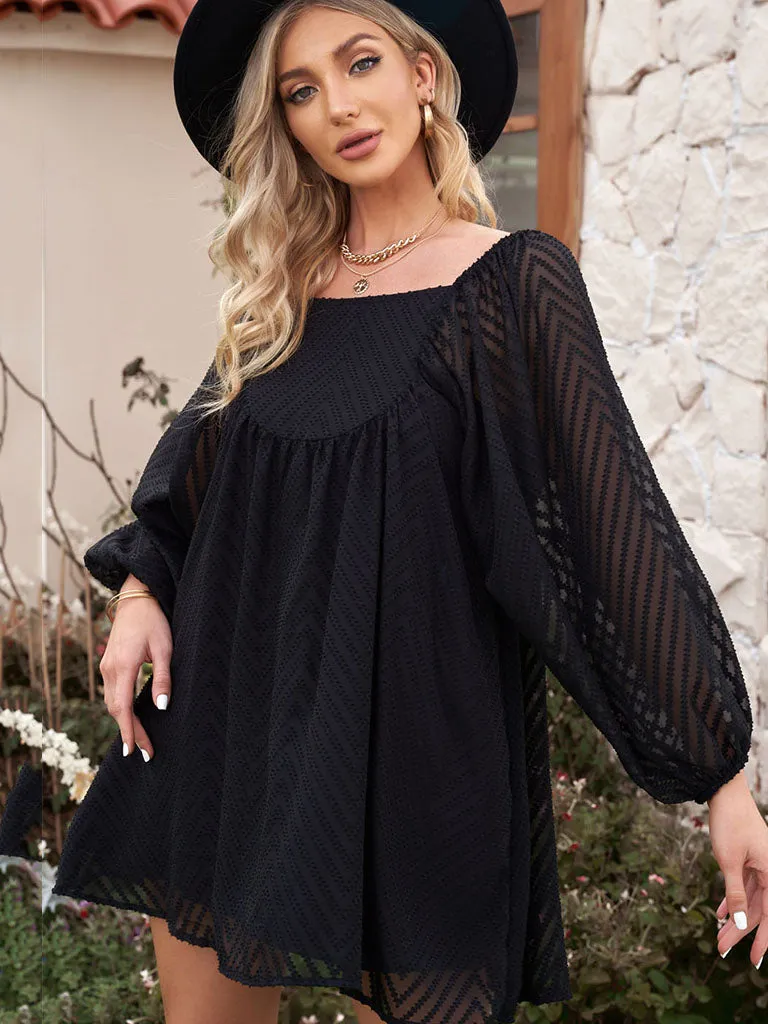 Lantern Long Sleeve Square Neck Solid Color Mini Boho Dress