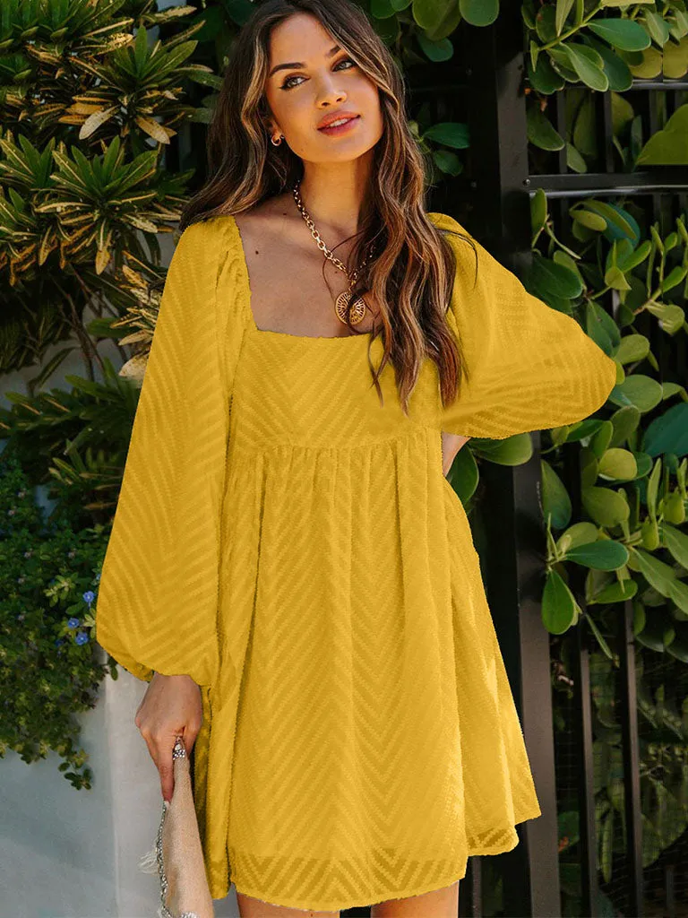 Lantern Long Sleeve Square Neck Solid Color Mini Boho Dress