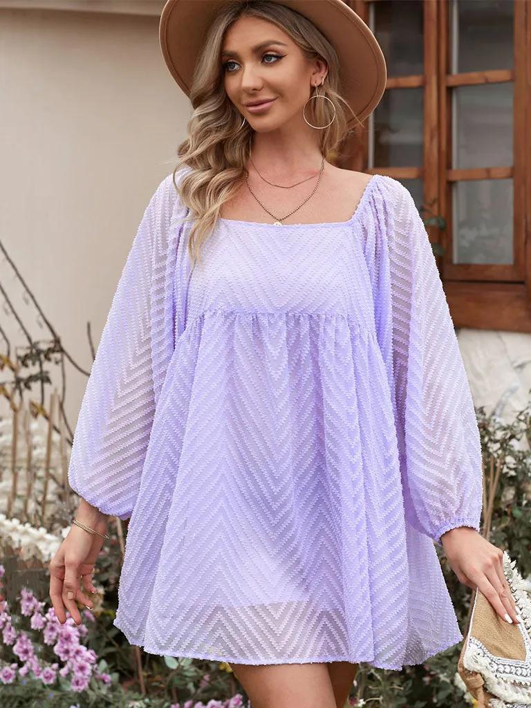Lantern Long Sleeve Square Neck Solid Color Mini Boho Dress