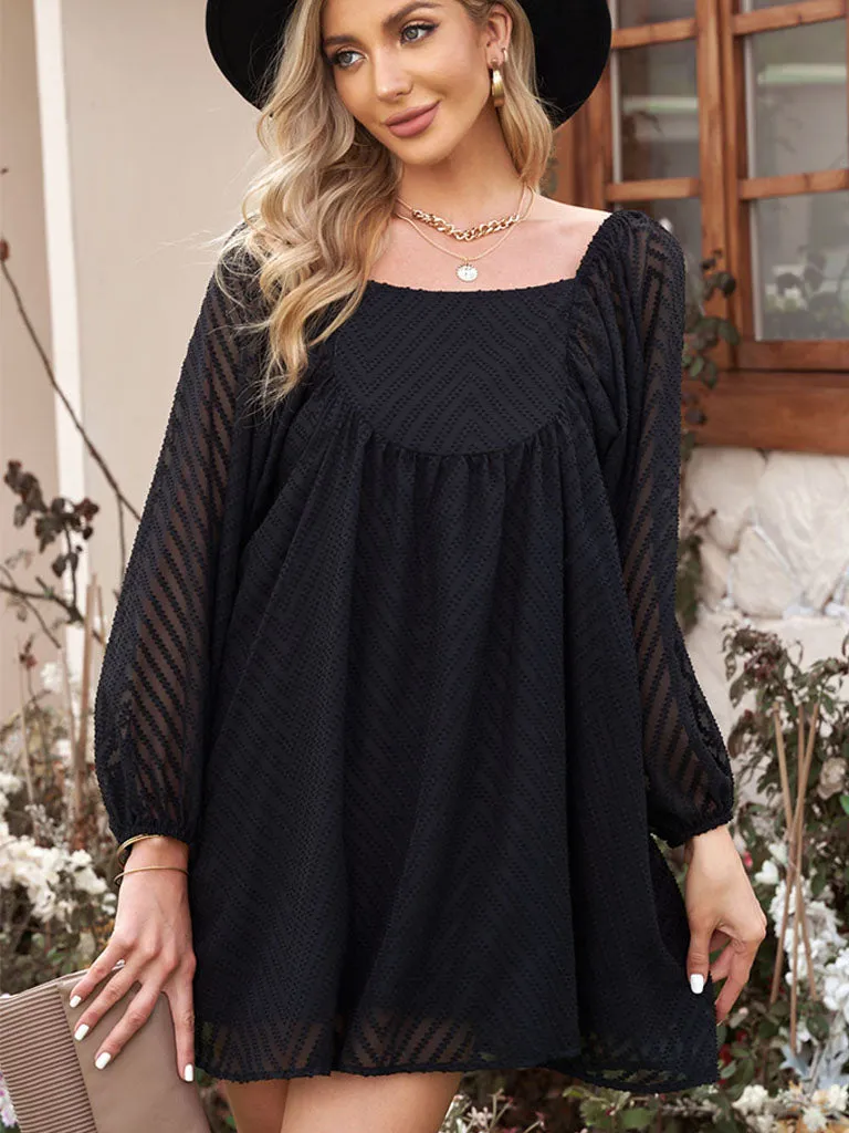 Lantern Long Sleeve Square Neck Solid Color Mini Boho Dress