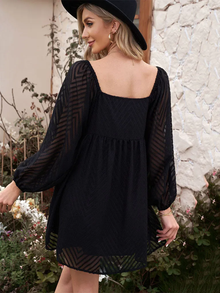 Lantern Long Sleeve Square Neck Solid Color Mini Boho Dress