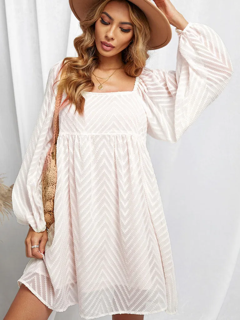 Lantern Long Sleeve Square Neck Solid Color Mini Boho Dress