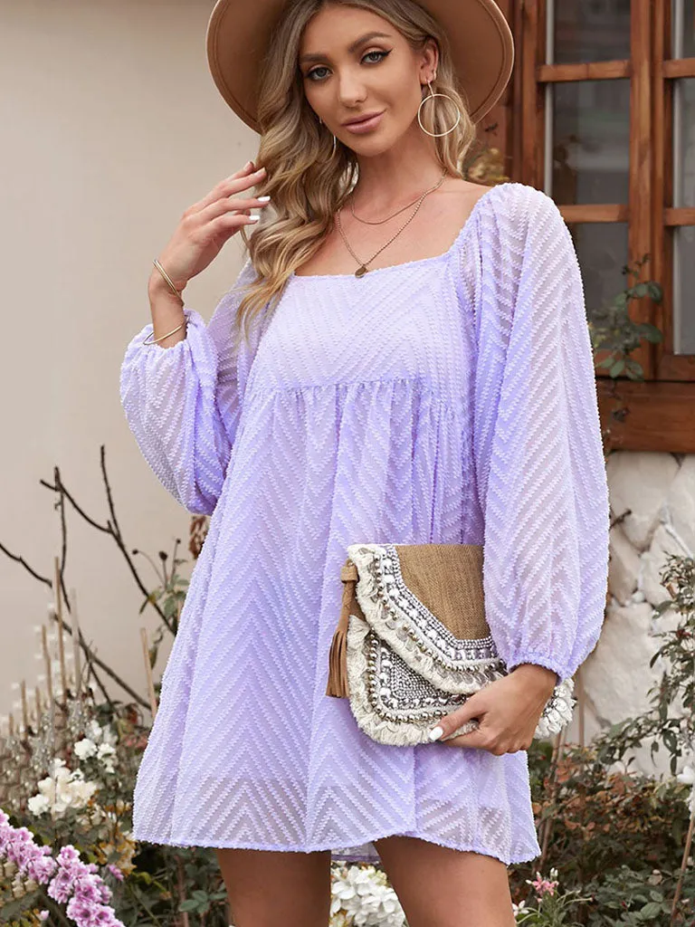Lantern Long Sleeve Square Neck Solid Color Mini Boho Dress