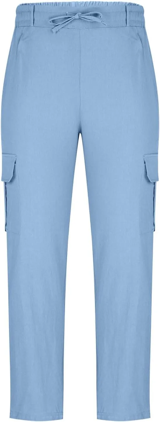 Linen Cargo Pants Men Baggy Casual Elastic Waist Beach Pant Relaxed Fit Straight Leg Sweatpants Trousers with Pockets