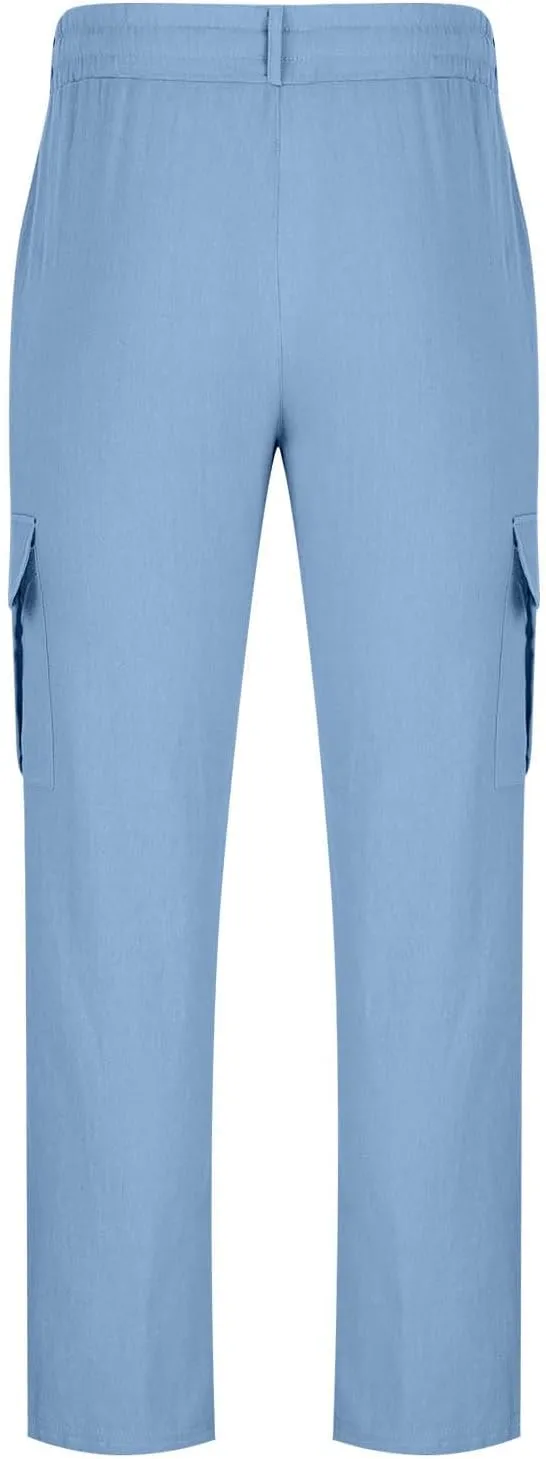 Linen Cargo Pants Men Baggy Casual Elastic Waist Beach Pant Relaxed Fit Straight Leg Sweatpants Trousers with Pockets