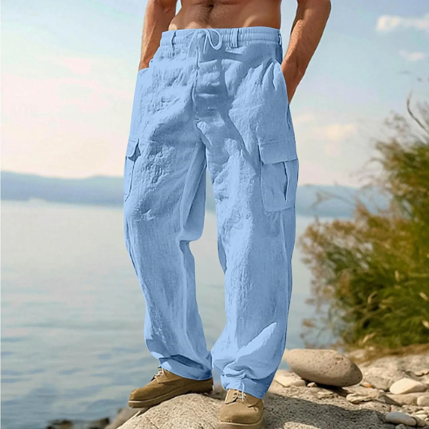 Linen Cargo Pants Men Baggy Casual Elastic Waist Beach Pant Relaxed Fit Straight Leg Sweatpants Trousers with Pockets