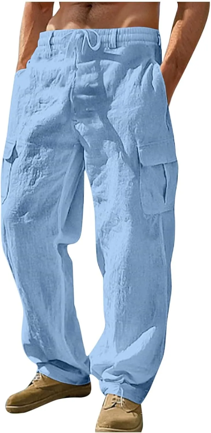 Linen Cargo Pants Men Baggy Casual Elastic Waist Beach Pant Relaxed Fit Straight Leg Sweatpants Trousers with Pockets