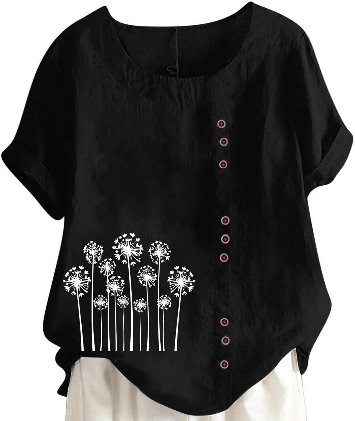 Linen Shirt for Women Breathable Tops Boho Floral Short Sleeve Blouse Oversized Loose Ladies Tunic Tops Short Sleeve