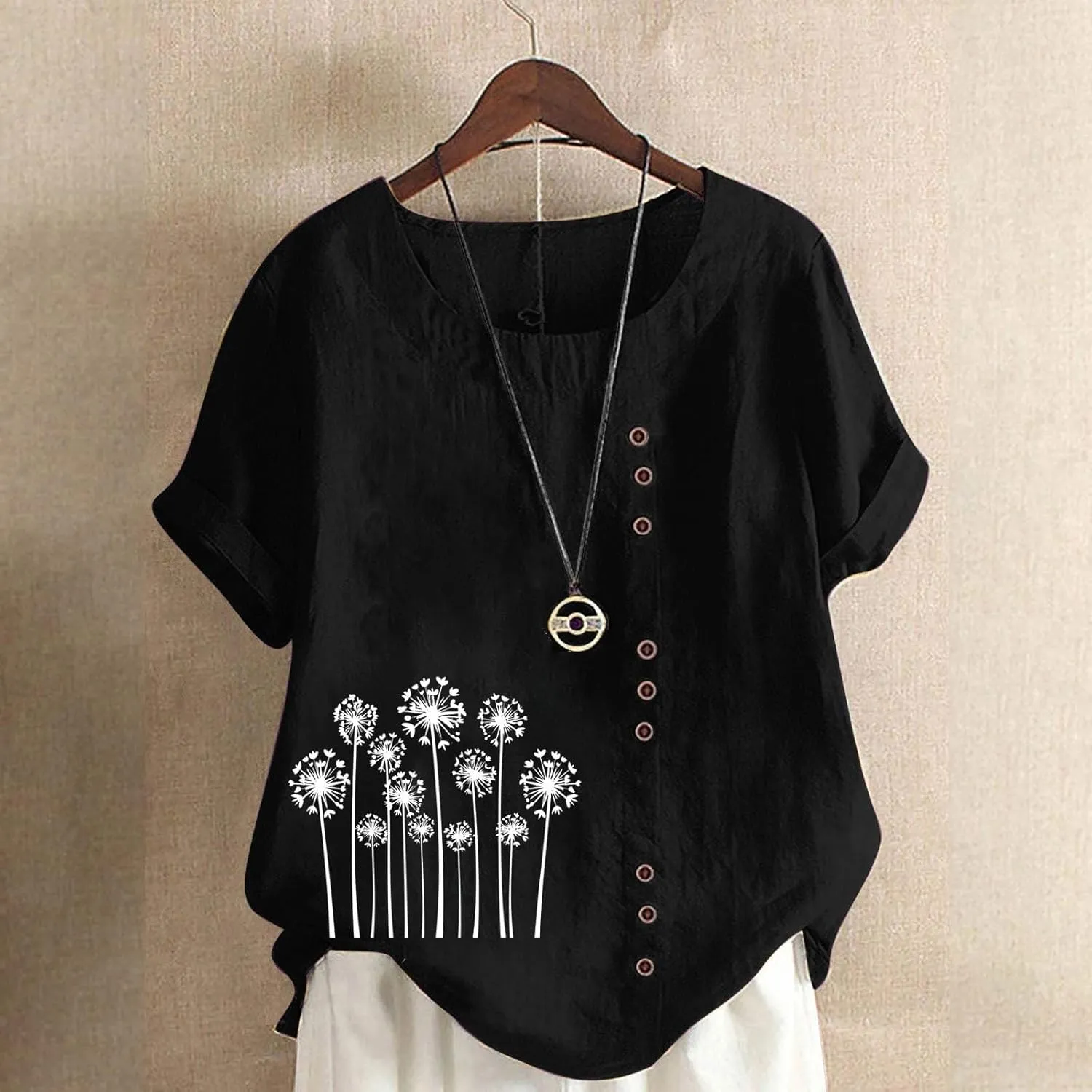 Linen Shirt for Women Breathable Tops Boho Floral Short Sleeve Blouse Oversized Loose Ladies Tunic Tops Short Sleeve