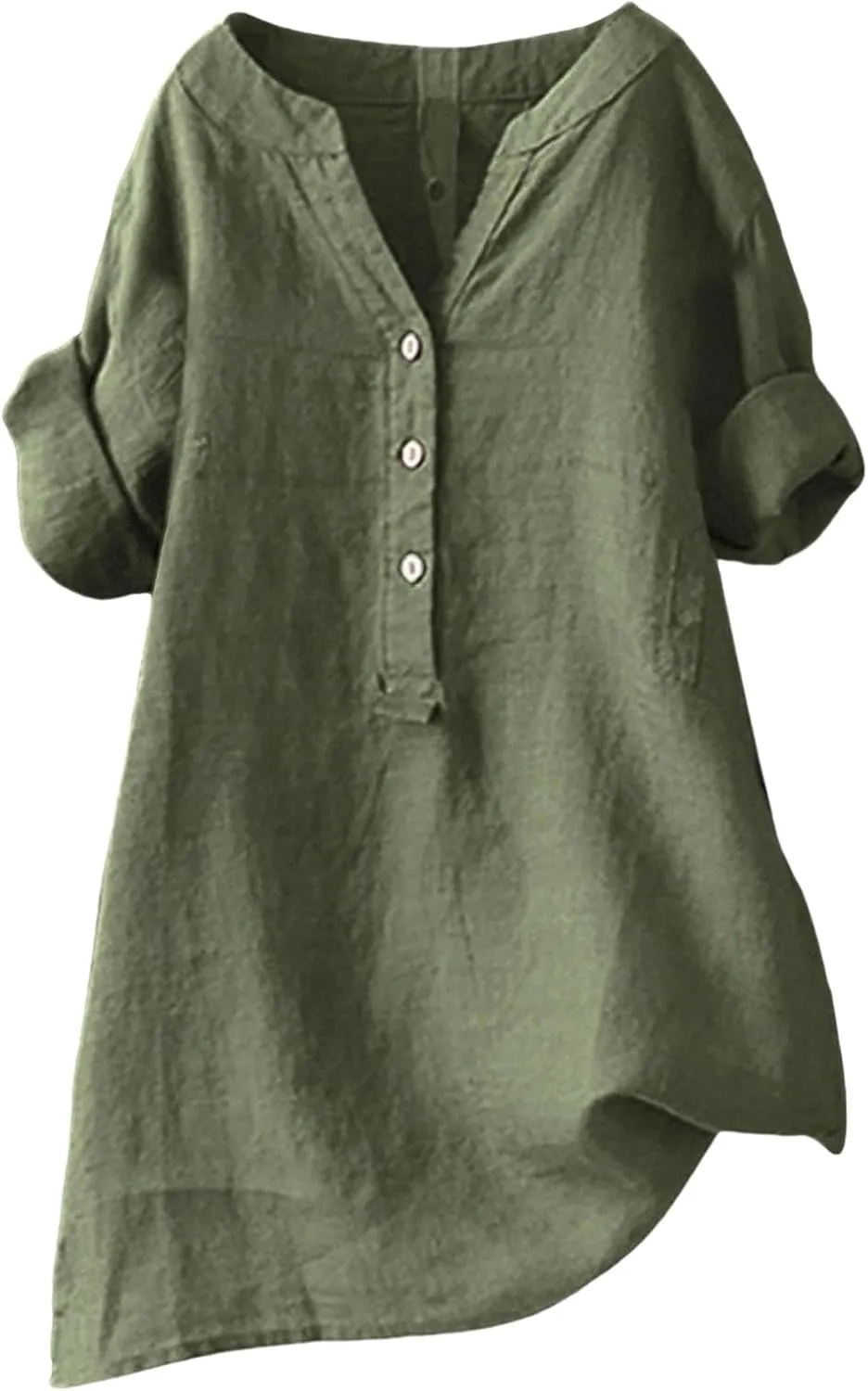 Linen Shirt for Women Short Sleeve V Neck Shirts Loose Fit Button Blouses Casual Solid Color Tops Breathable Summer Tee