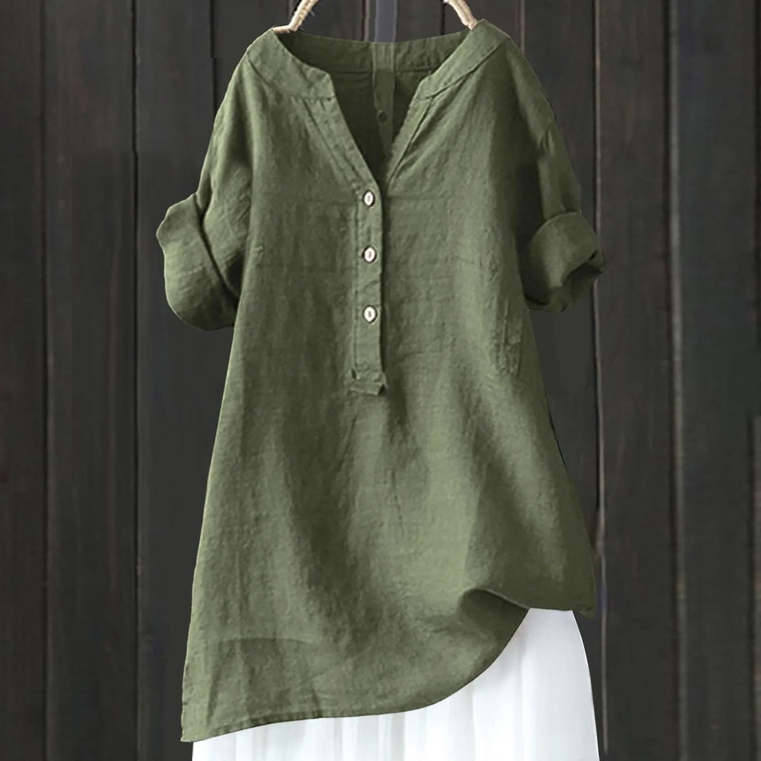 Linen Shirt for Women Short Sleeve V Neck Shirts Loose Fit Button Blouses Casual Solid Color Tops Breathable Summer Tee