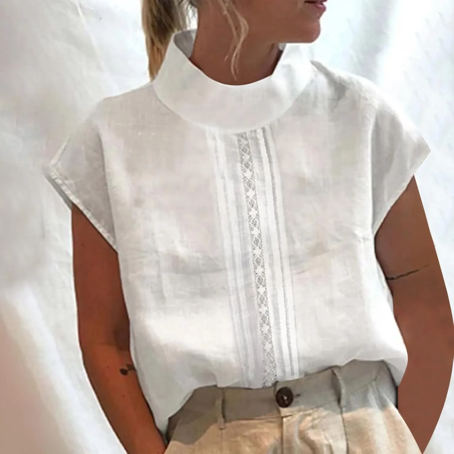 Linen Tank Top Women Summer Turtleneck Sleeveless Breathable Lace Vest Cotton Loose Comfy Casual Solid Shirt Camisole