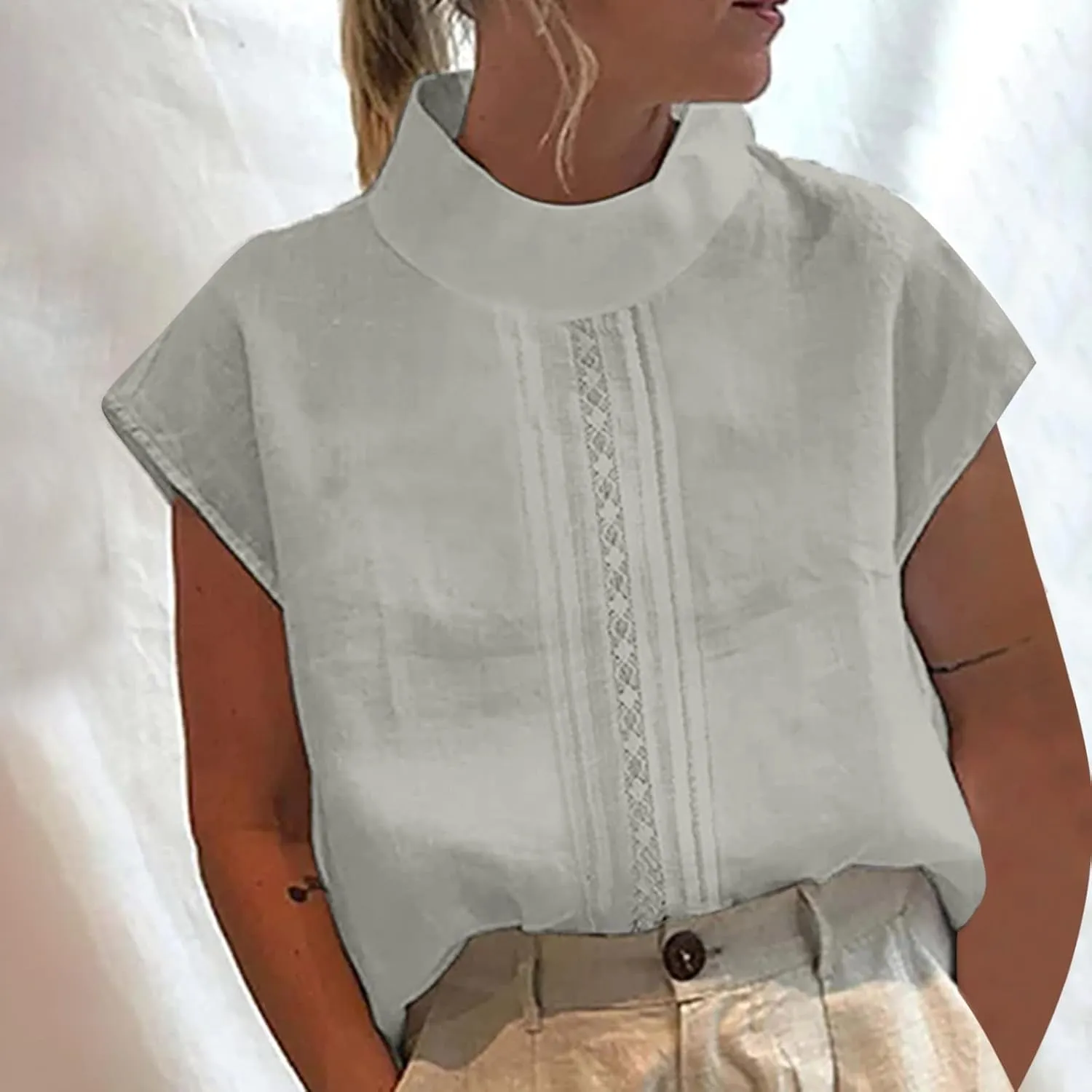 Linen Tank Top Women Summer Turtleneck Sleeveless Breathable Lace Vest Cotton Loose Comfy Casual Solid Shirt Camisole