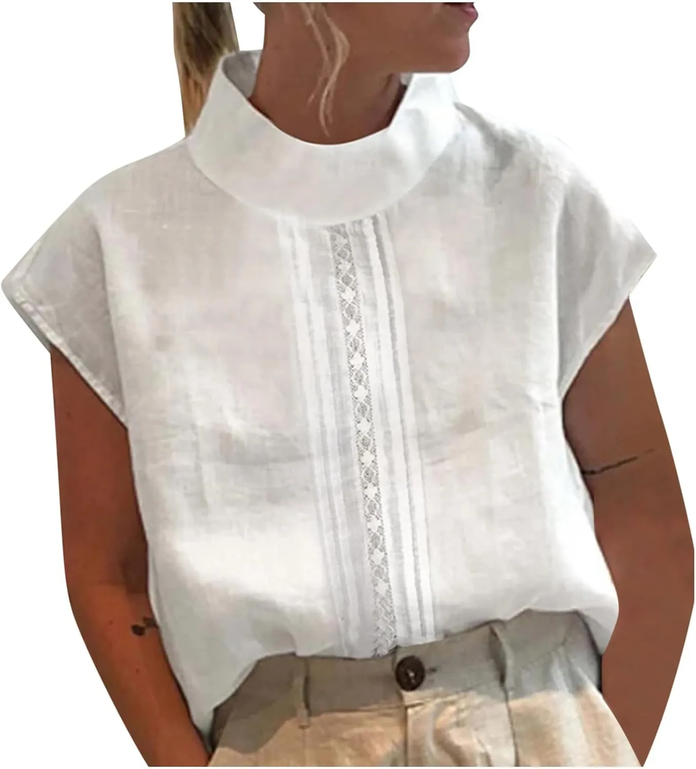 Linen Tank Top Women Summer Turtleneck Sleeveless Breathable Lace Vest Cotton Loose Comfy Casual Solid Shirt Camisole