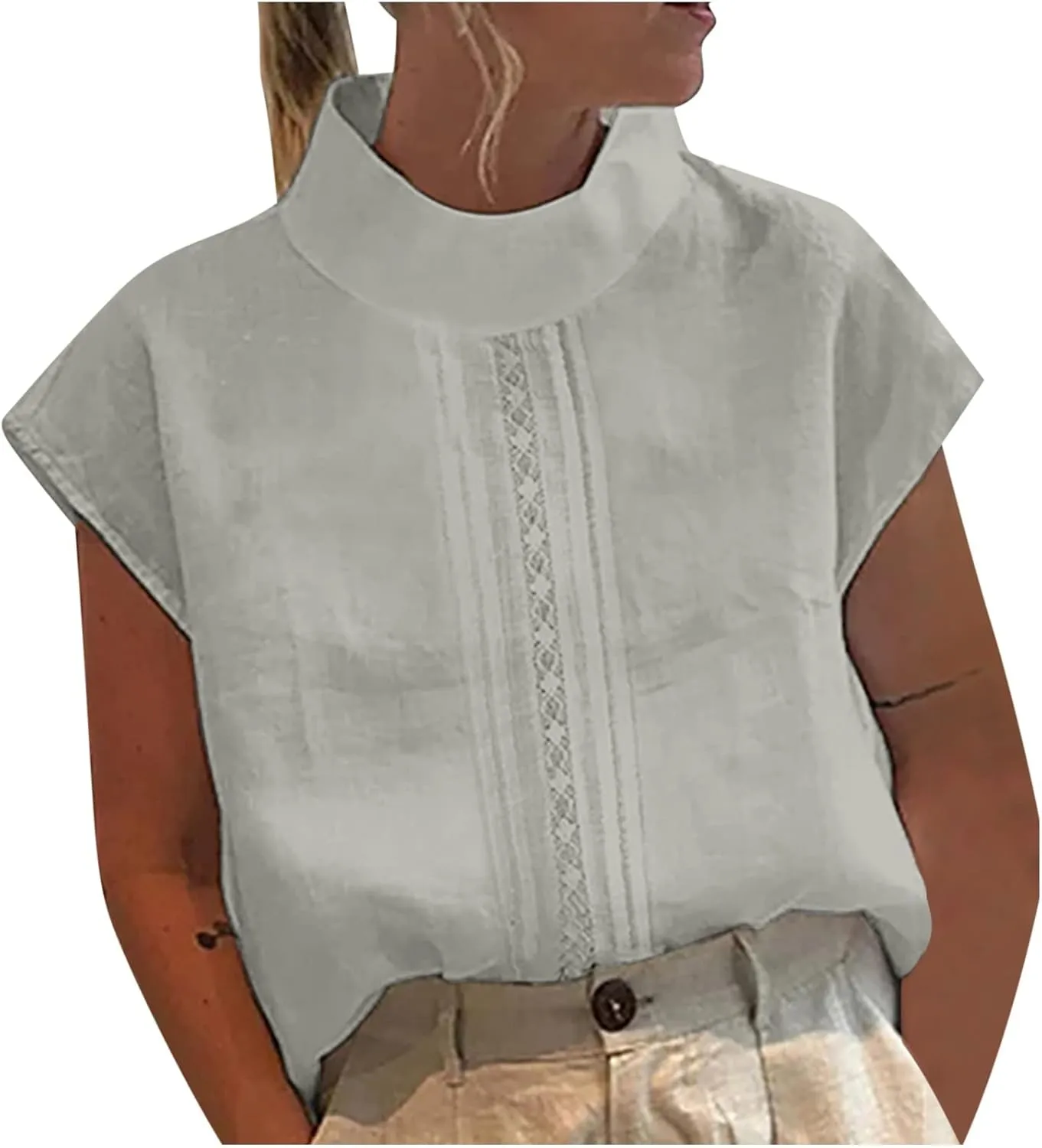 Linen Tank Top Women Summer Turtleneck Sleeveless Breathable Lace Vest Cotton Loose Comfy Casual Solid Shirt Camisole