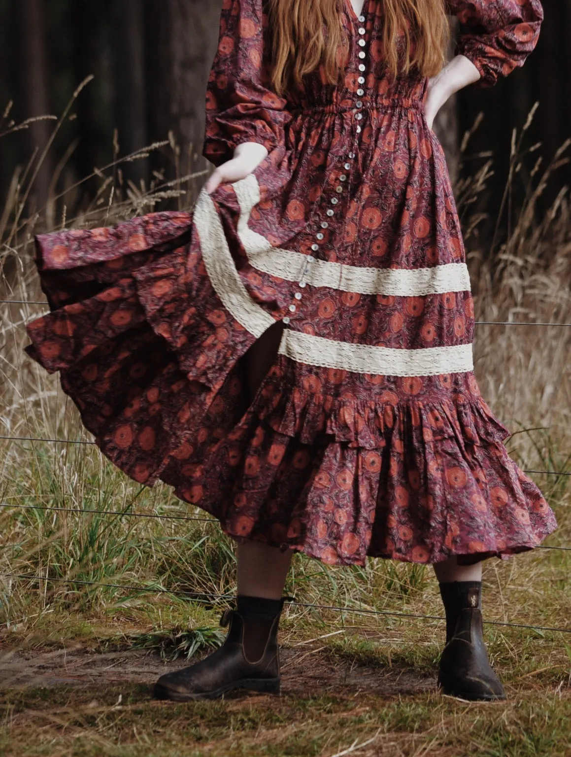 MAÈLI FRILL MIDI DRESS HAND BLOCK PLUM FLORAL