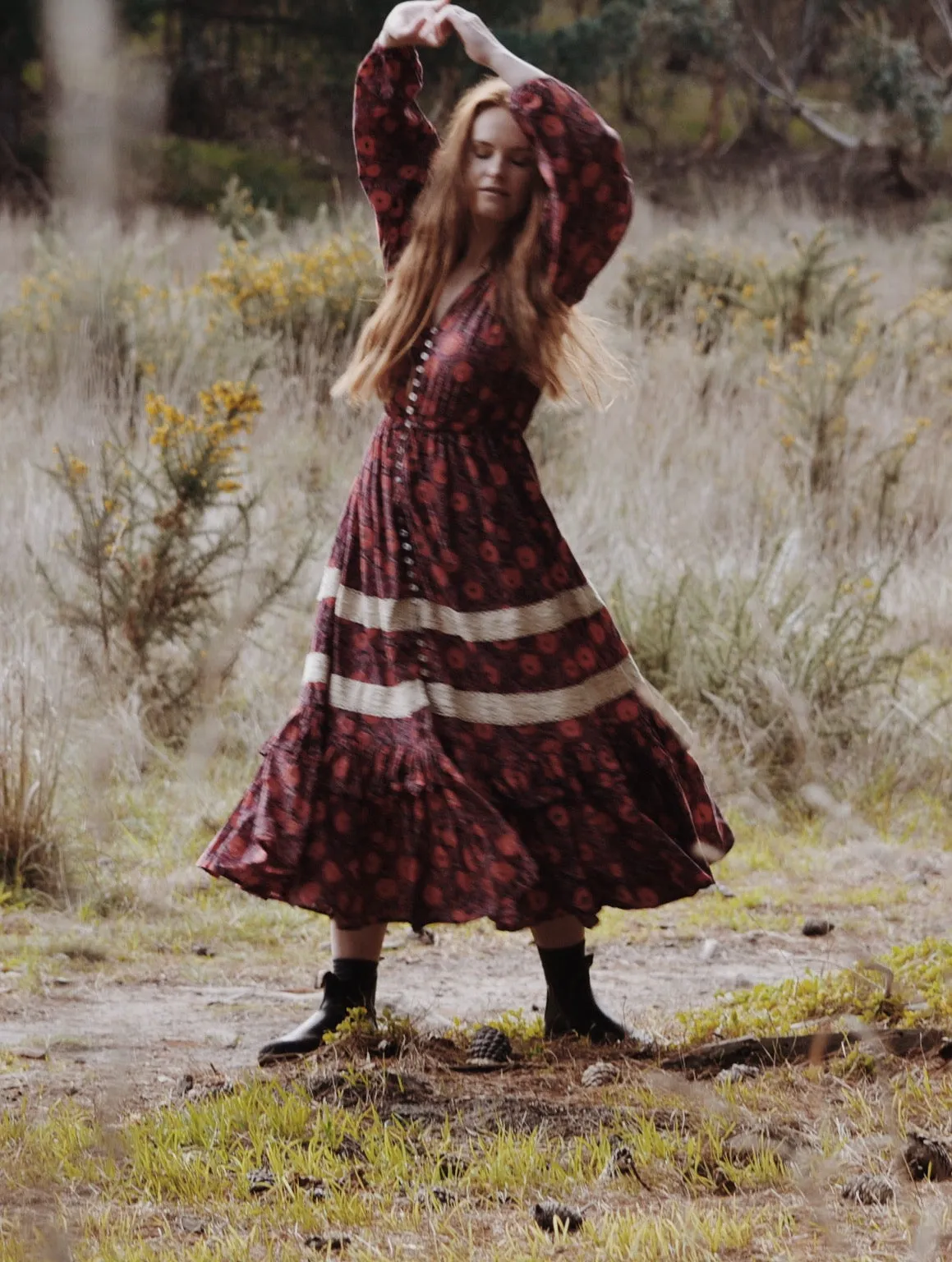 MAÈLI FRILL MIDI DRESS HAND BLOCK PLUM FLORAL