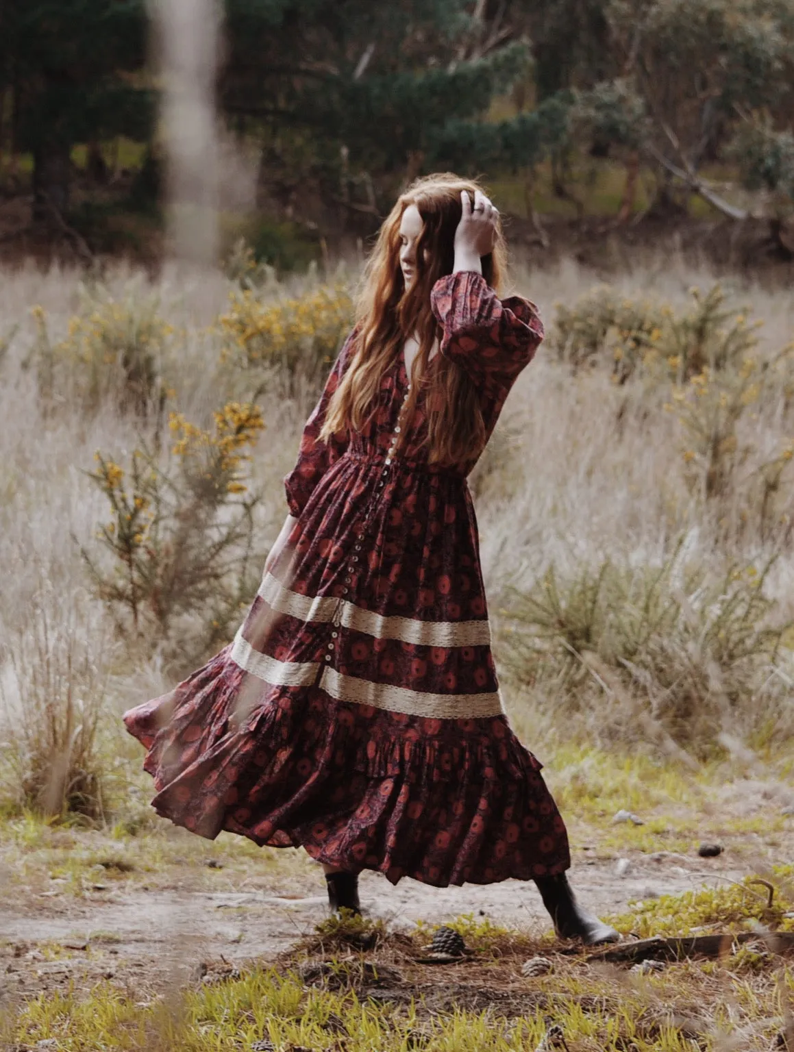 MAÈLI FRILL MIDI DRESS HAND BLOCK PLUM FLORAL