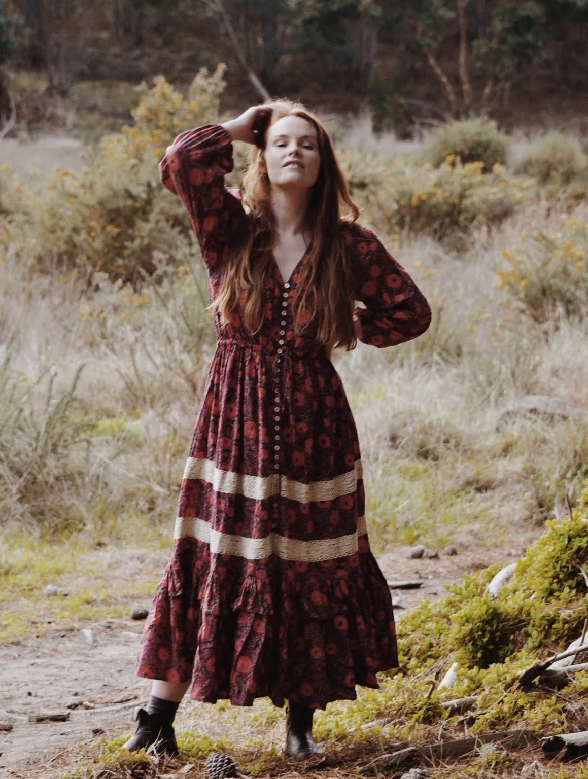 MAÈLI FRILL MIDI DRESS HAND BLOCK PLUM FLORAL