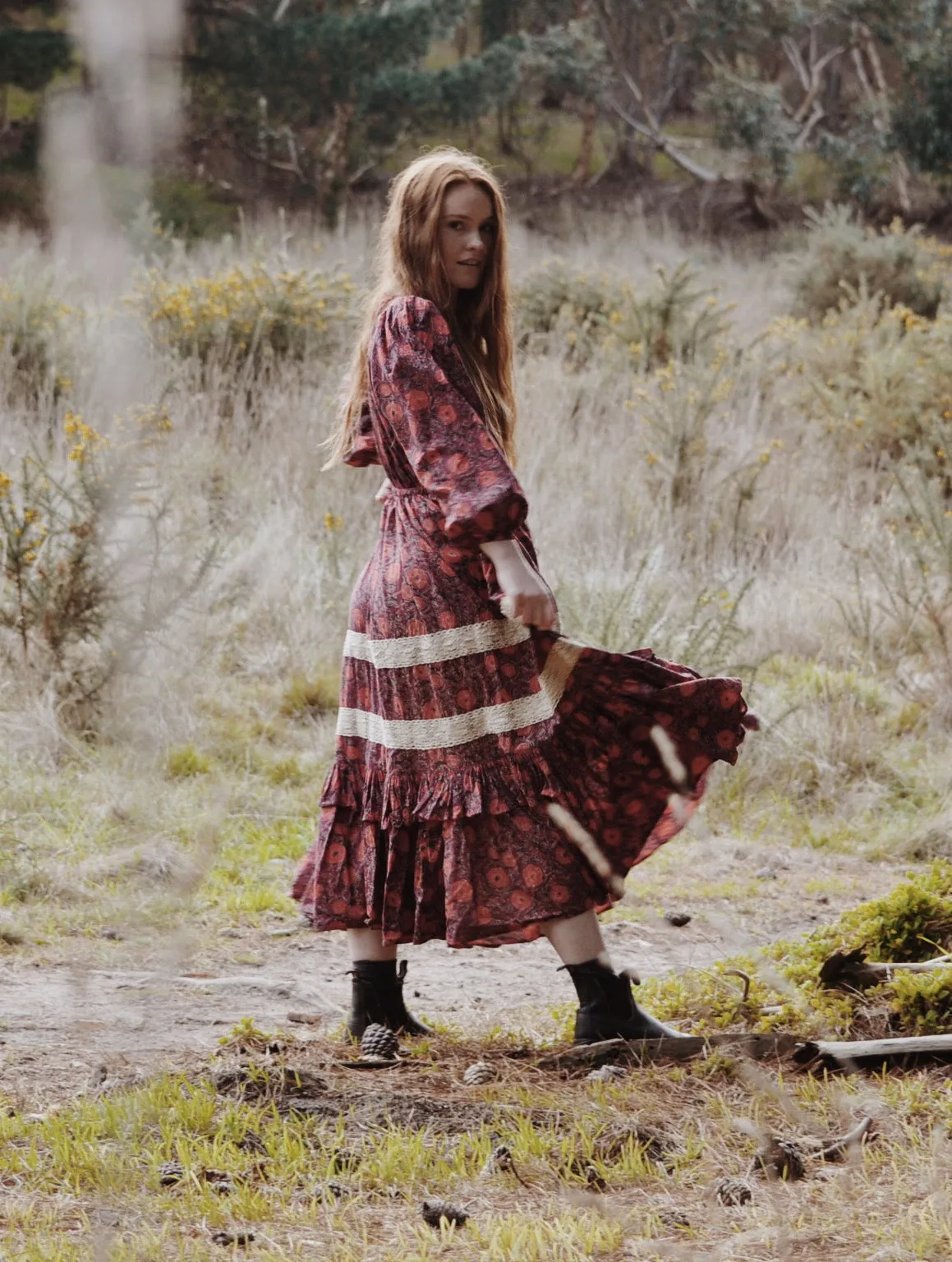 MAÈLI FRILL MIDI DRESS HAND BLOCK PLUM FLORAL