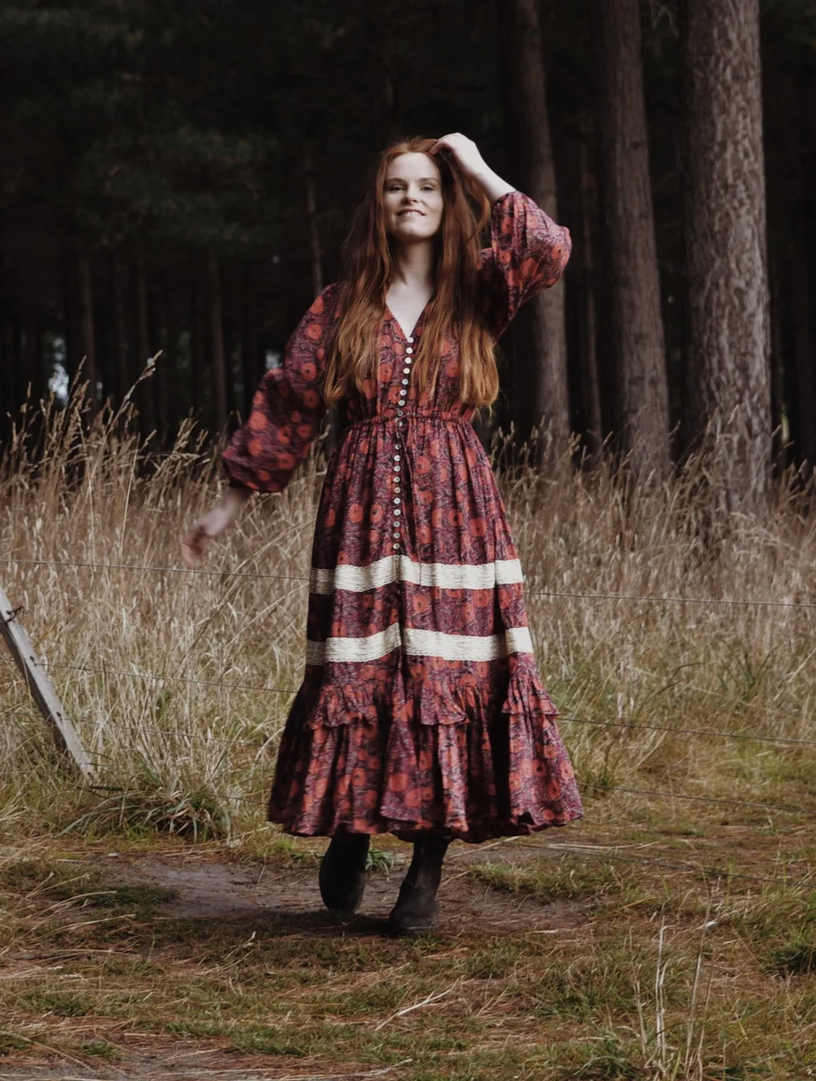 MAÈLI FRILL MIDI DRESS HAND BLOCK PLUM FLORAL