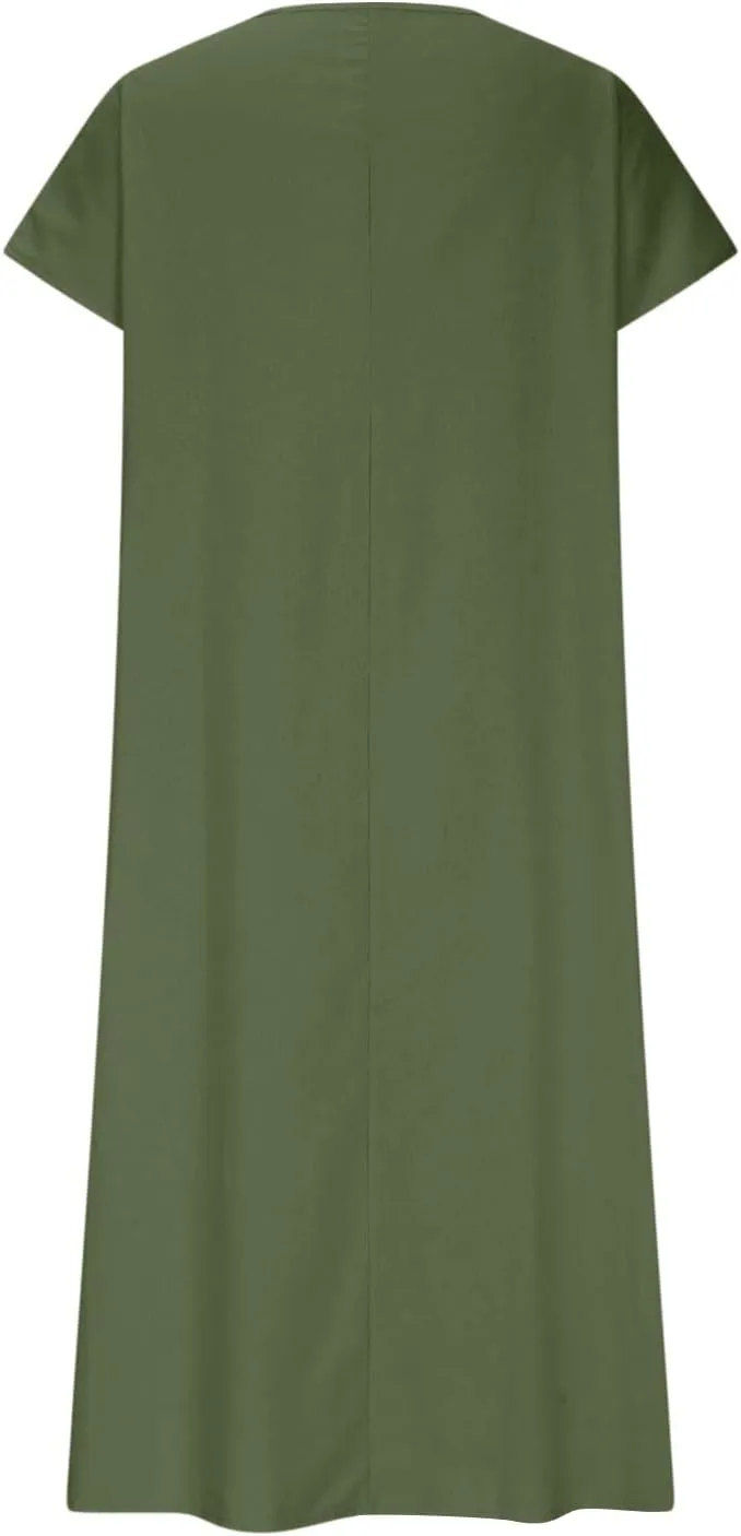 Maxi Shift Dresses for Women Summer V Neck Short Sleeve Solid Color Casual Swing Flowy Ankle Length Dress
