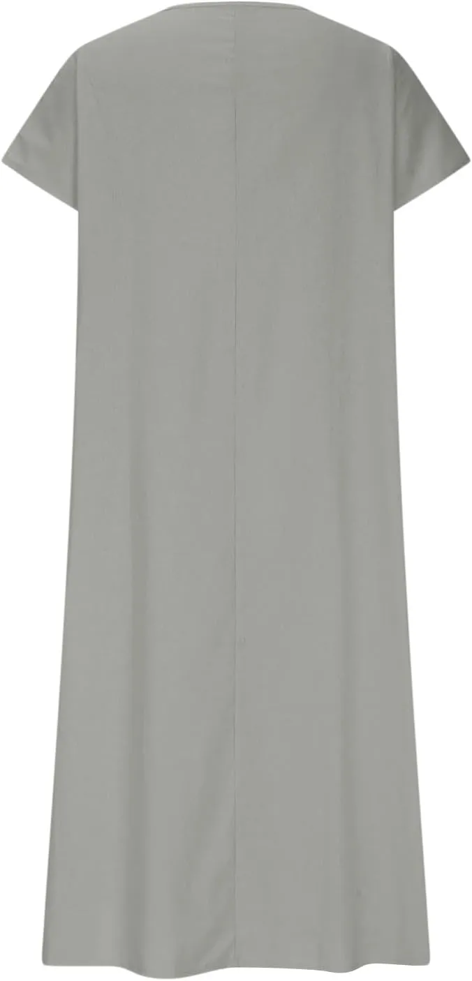 Maxi Shift Dresses for Women Summer V Neck Short Sleeve Solid Color Casual Swing Flowy Ankle Length Dress