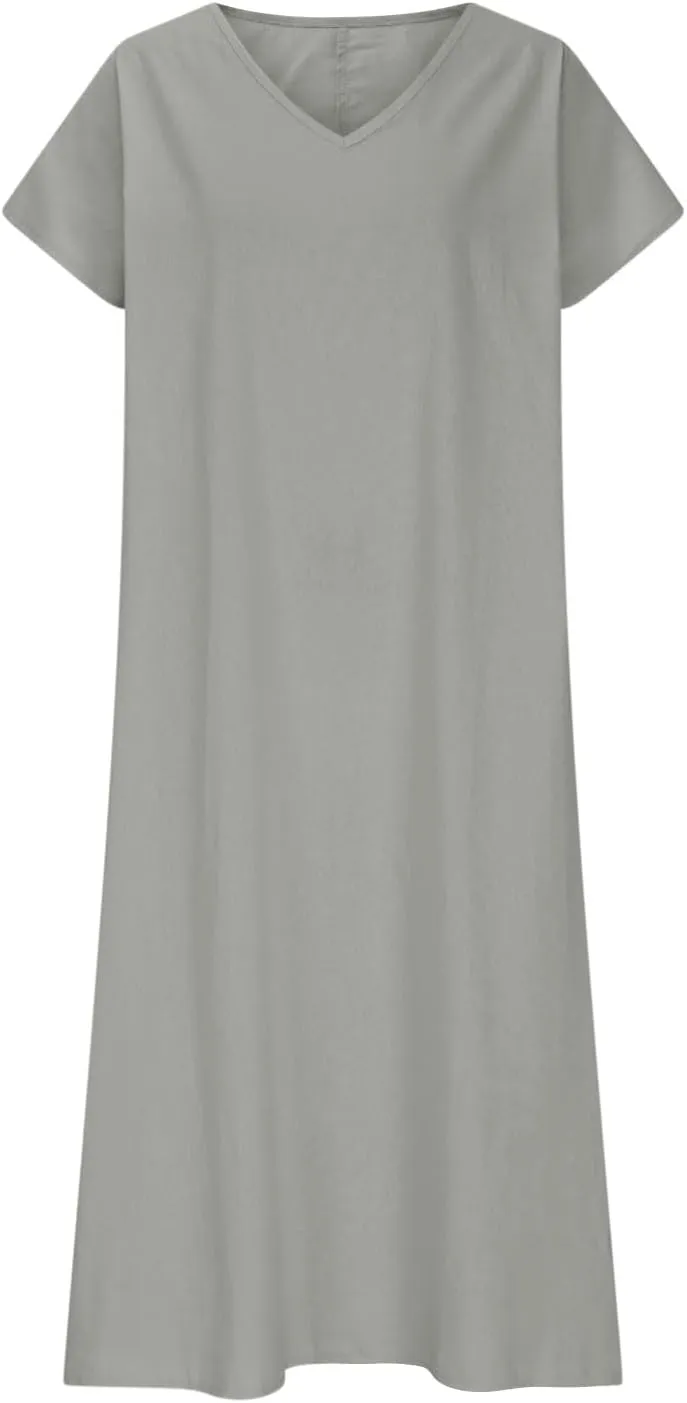 Maxi Shift Dresses for Women Summer V Neck Short Sleeve Solid Color Casual Swing Flowy Ankle Length Dress