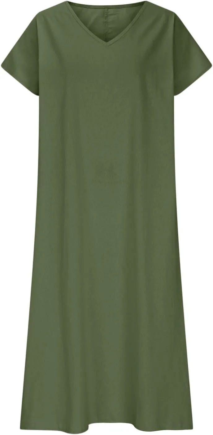 Maxi Shift Dresses for Women Summer V Neck Short Sleeve Solid Color Casual Swing Flowy Ankle Length Dress