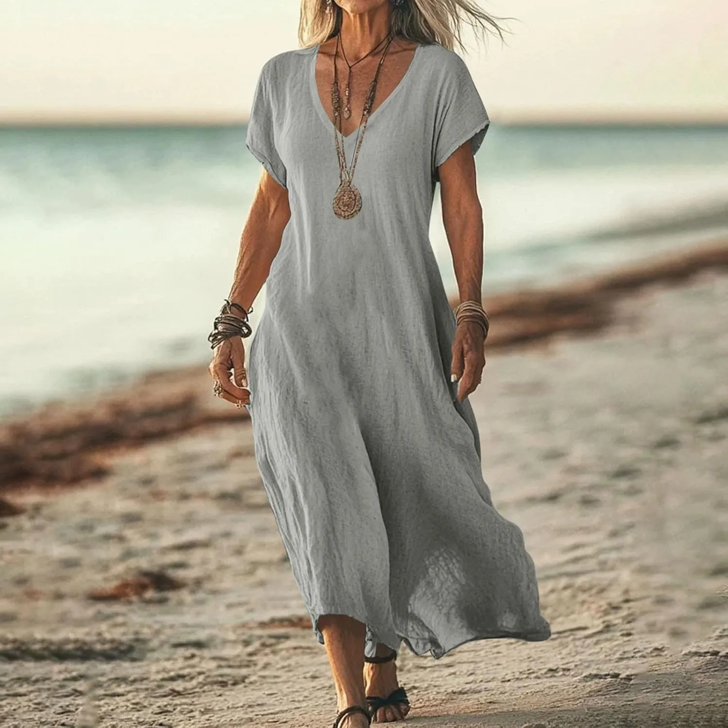 Maxi Shift Dresses for Women Summer V Neck Short Sleeve Solid Color Casual Swing Flowy Ankle Length Dress