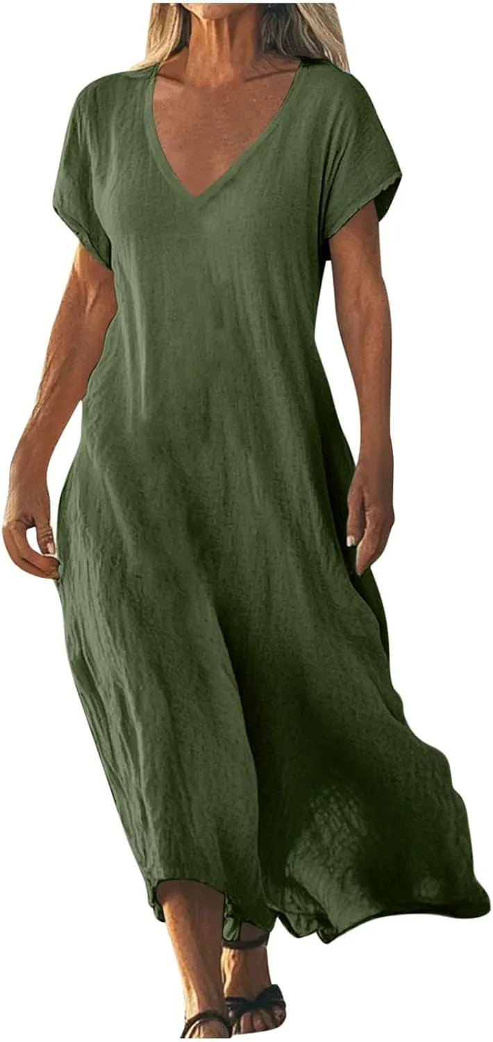 Maxi Shift Dresses for Women Summer V Neck Short Sleeve Solid Color Casual Swing Flowy Ankle Length Dress