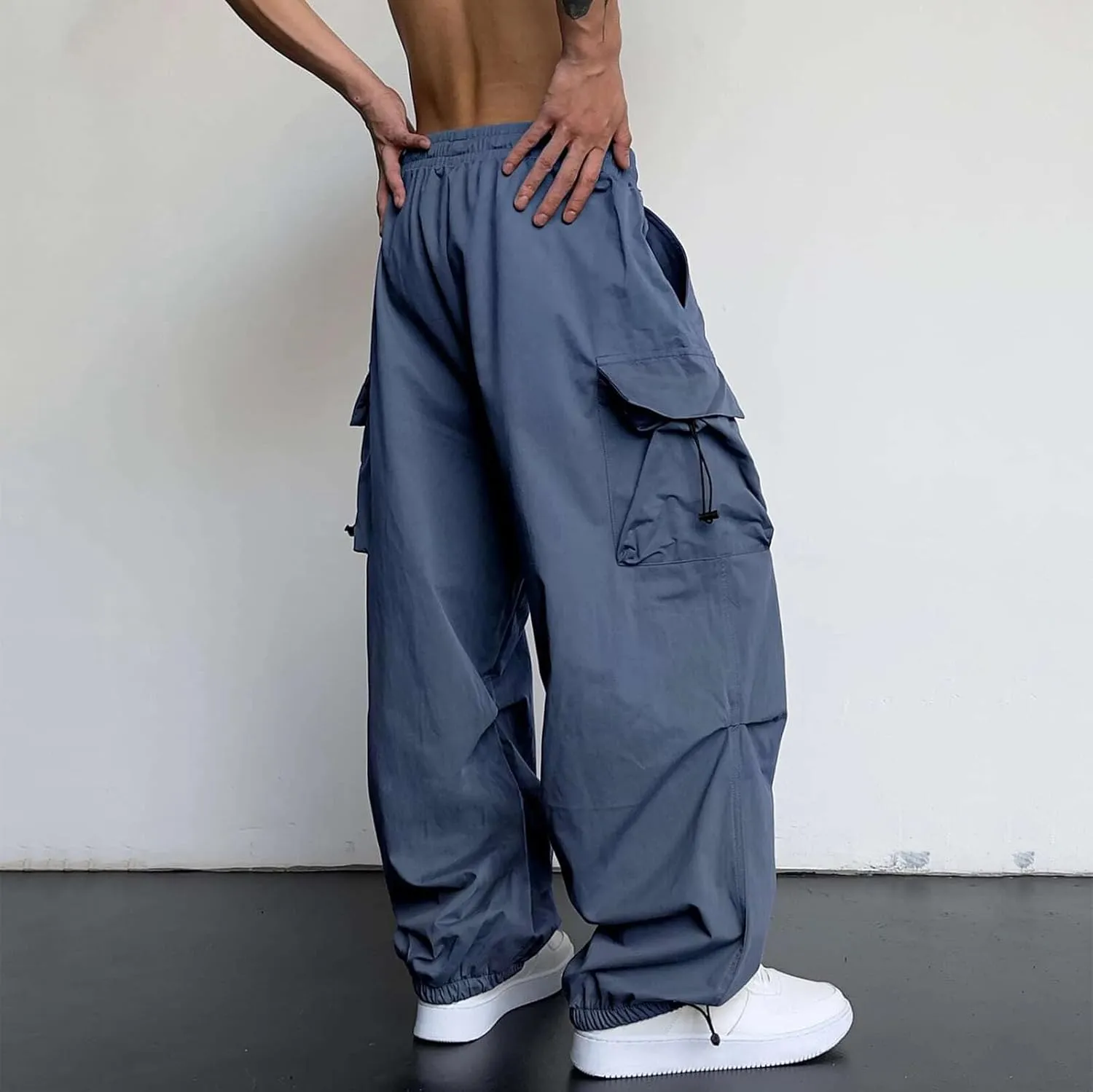Men Baggy Cargo Pants Casual Parachute Pants Drawstring Workout Sweatpants Plus Size Loose Harem Joggers with Pockets