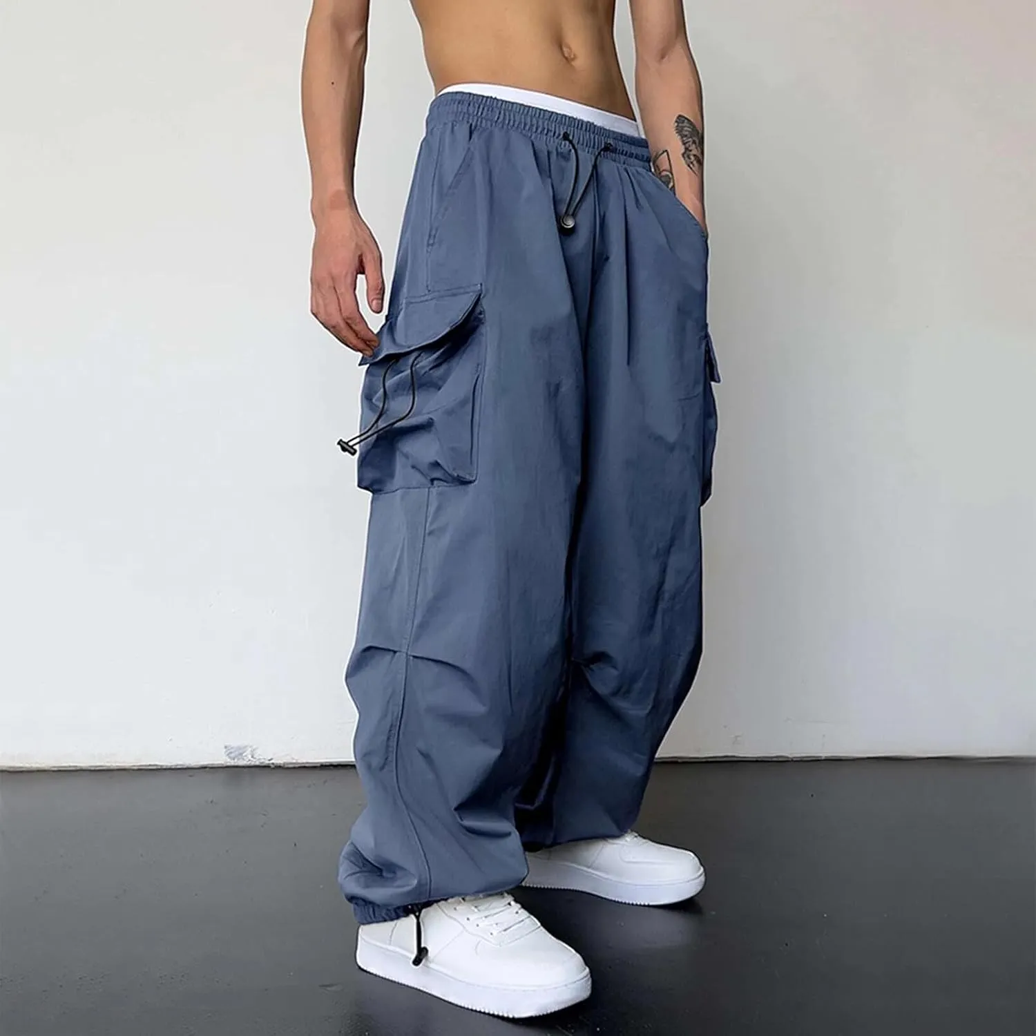 Men Baggy Cargo Pants Casual Parachute Pants Drawstring Workout Sweatpants Plus Size Loose Harem Joggers with Pockets