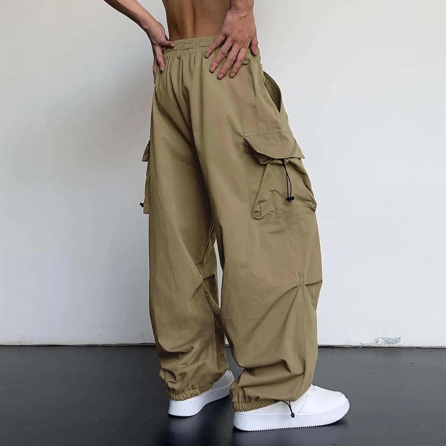 Men Baggy Cargo Pants Drawstring Casual Parachute Pants Trendy Loose Harem Joggers Sweatpants Streetwear with Pockets