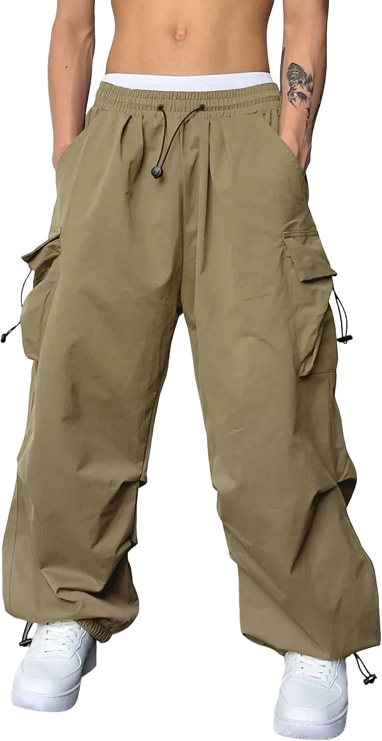 Men Baggy Cargo Pants Drawstring Casual Parachute Pants Trendy Loose Harem Joggers Sweatpants Streetwear with Pockets