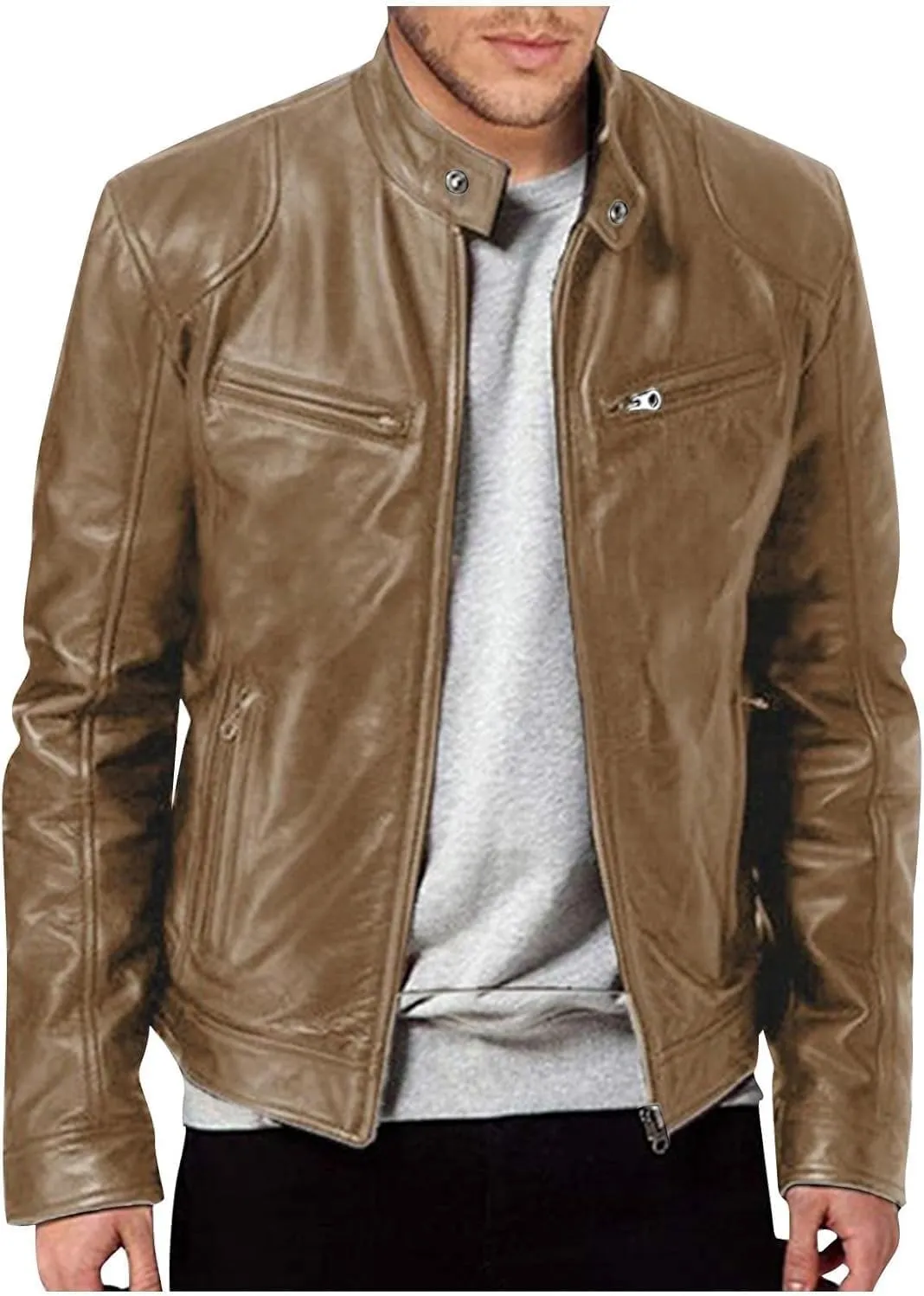 Mens Lightweight Leather Jackets Motorcycle Bomber Biker Stylish Outerwear Zipper Jacket Coat Pockets