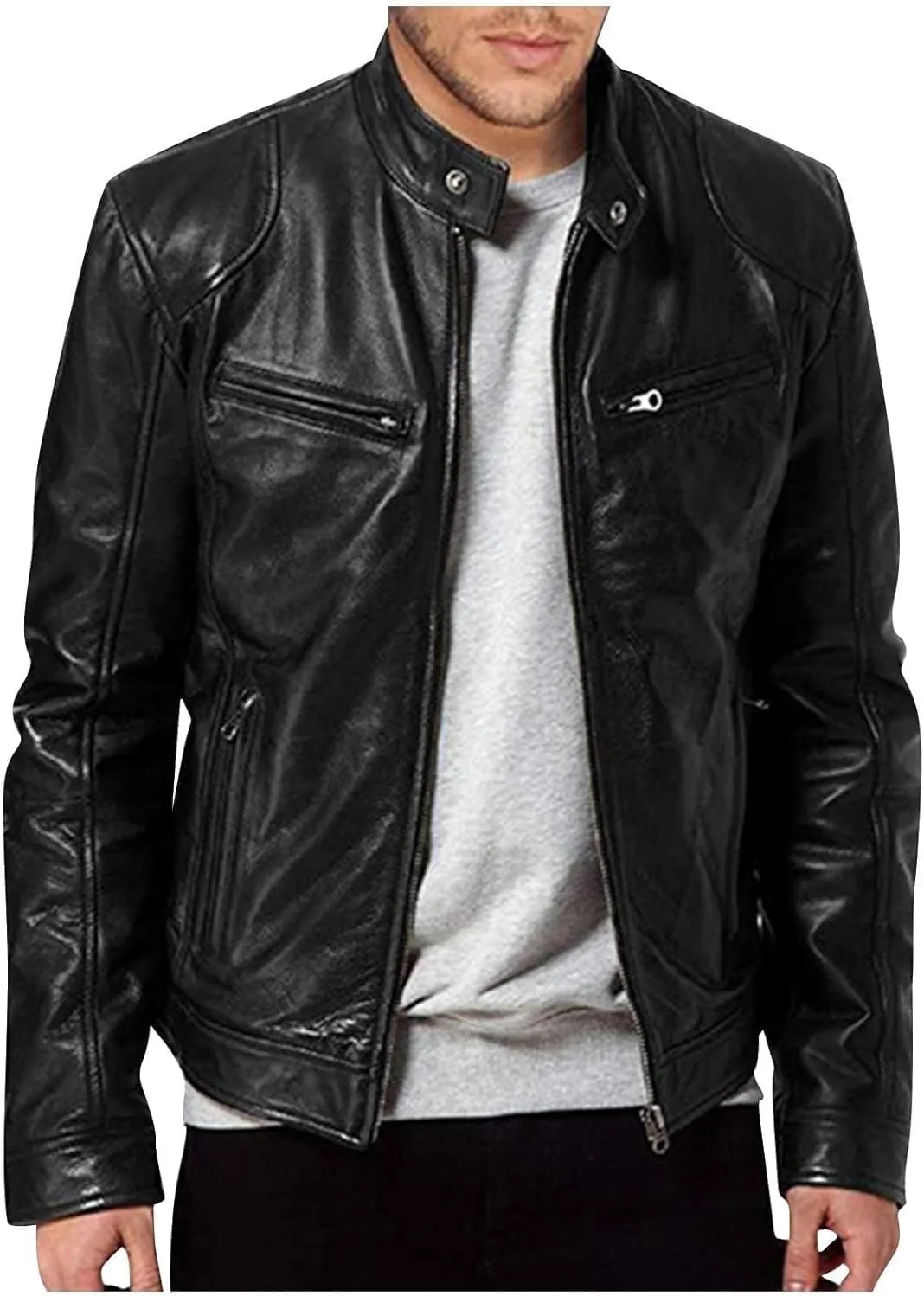 Mens Lightweight Leather Jackets Motorcycle Bomber Biker Stylish Outerwear Zipper Jacket Coat Pockets