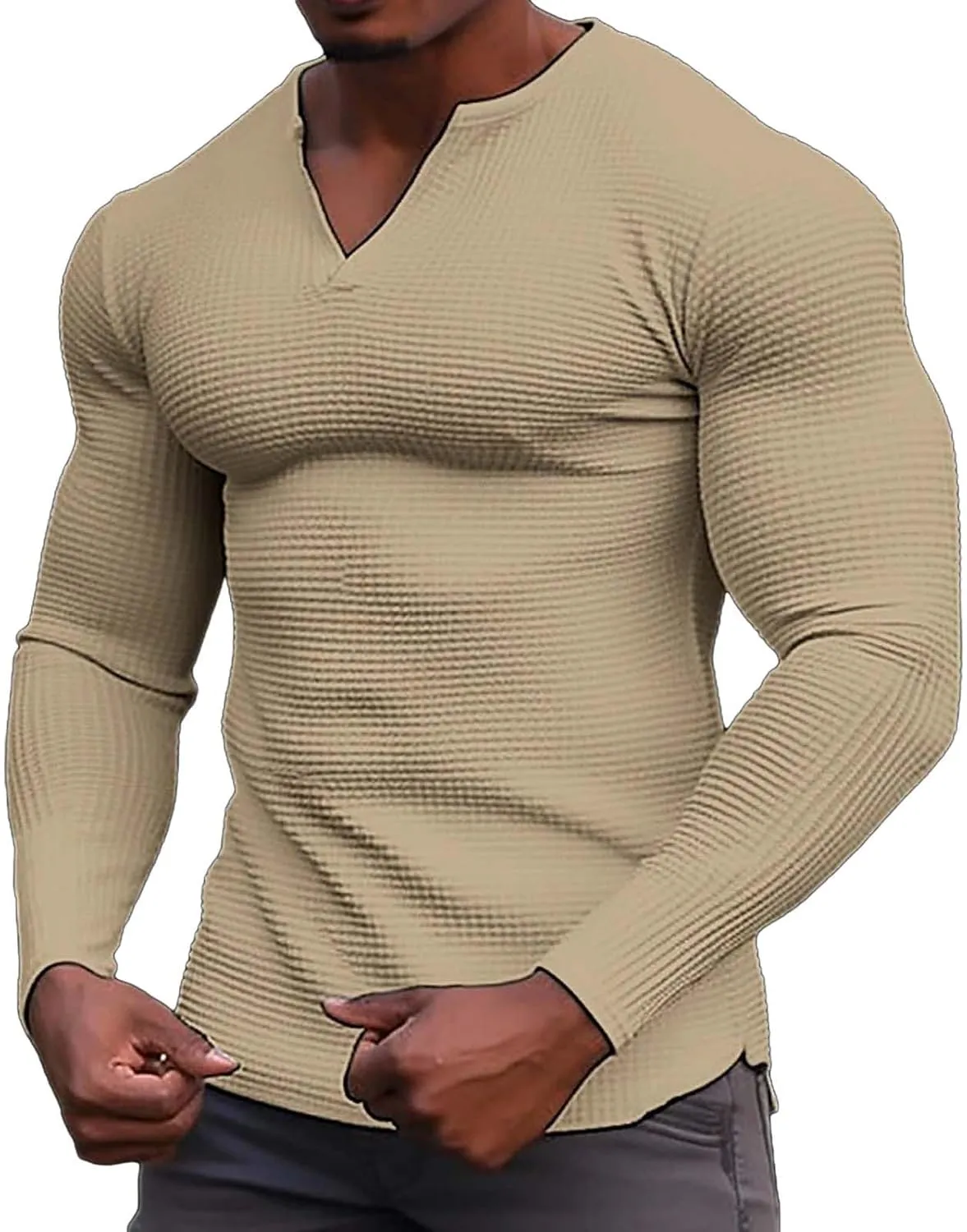 Men's Muscle Shirt Plus Size Casual Long Sleeve V Neck Waffle T Shirts Breathable Light Athletic Gym Workout Tee Top