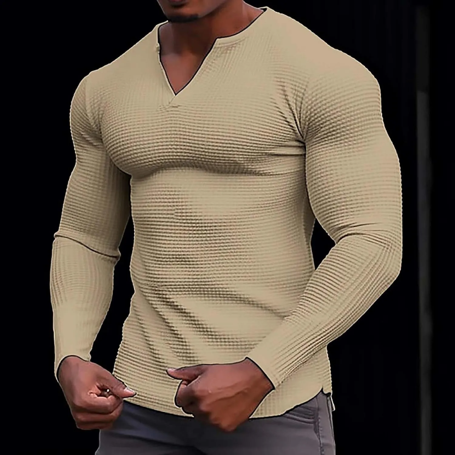 Men's Muscle Shirt Plus Size Casual Long Sleeve V Neck Waffle T Shirts Breathable Light Athletic Gym Workout Tee Top