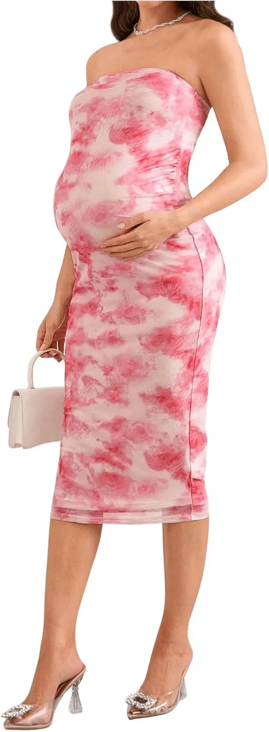 Milumia Women's Maternity Floral Mesh Split Strapless Tube Dress Bodycon Maxi Dresses