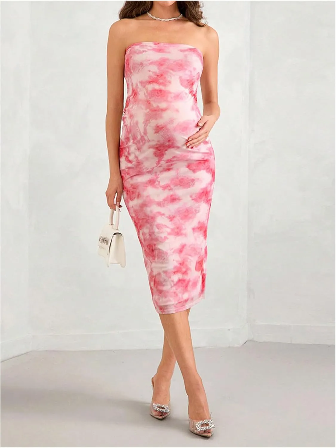 Milumia Women's Maternity Floral Mesh Split Strapless Tube Dress Bodycon Maxi Dresses