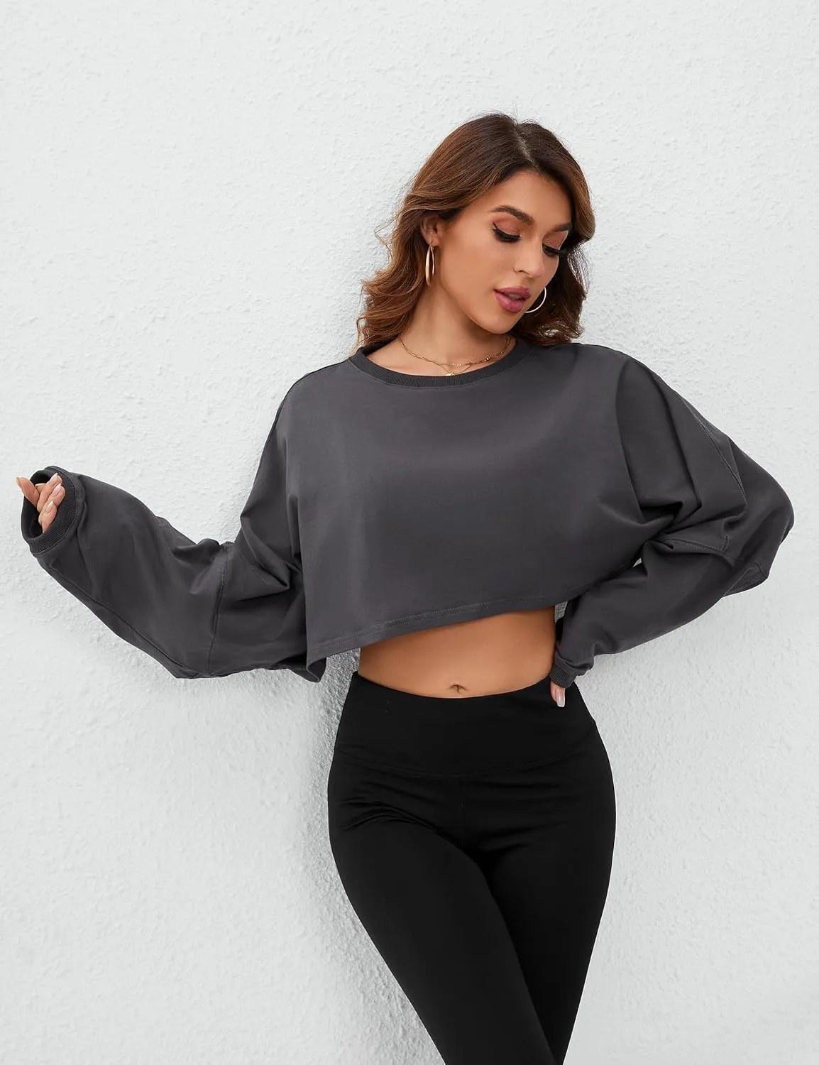 MISSACTIVER Womens Vintage Oversized Long Sleeve Crop T-Shirt Loose Fit Drop Shoulder Crew Neck Cropped Tee Tops Pullover