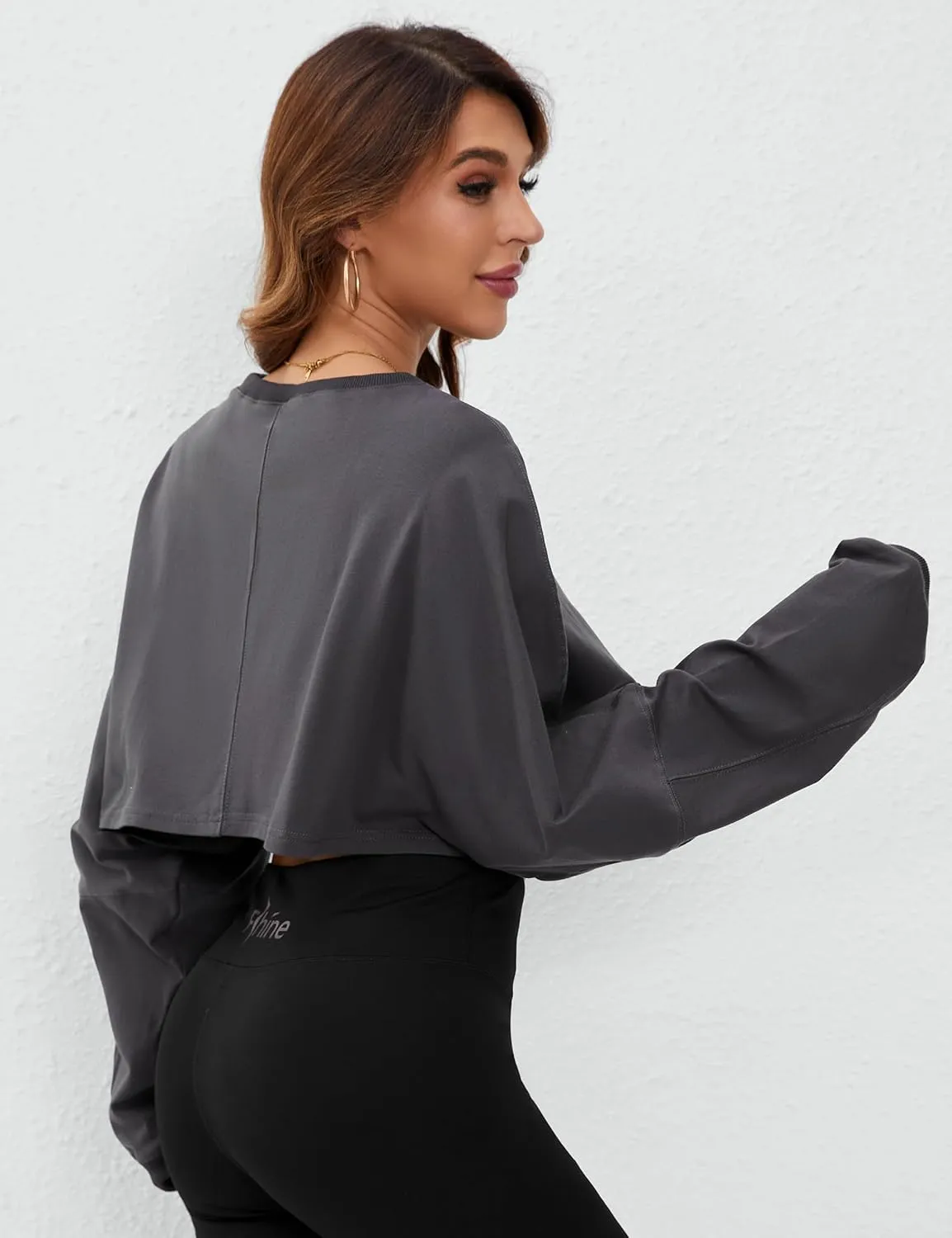 MISSACTIVER Womens Vintage Oversized Long Sleeve Crop T-Shirt Loose Fit Drop Shoulder Crew Neck Cropped Tee Tops Pullover