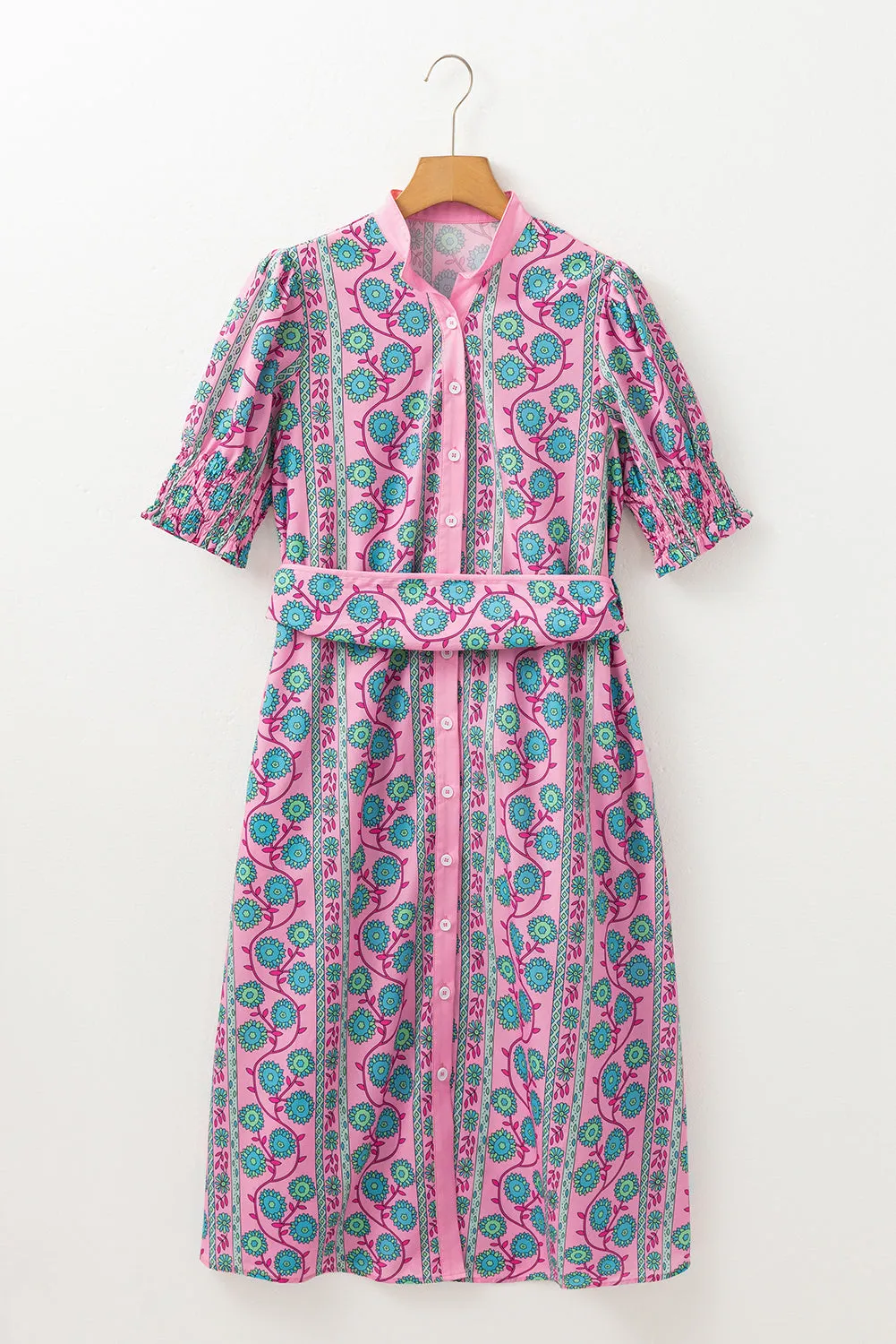 Pink Boho Floral Shirred Short Sleeve Belted Dress