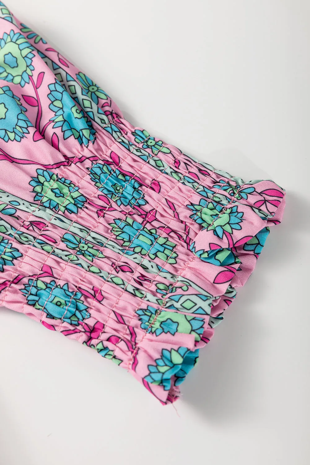 Pink Boho Floral Shirred Short Sleeve Belted Dress