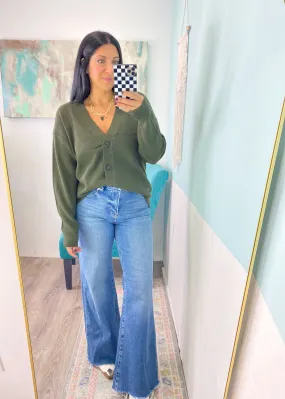'Sabrina' Dark Olive Button Front Soft Cardigan