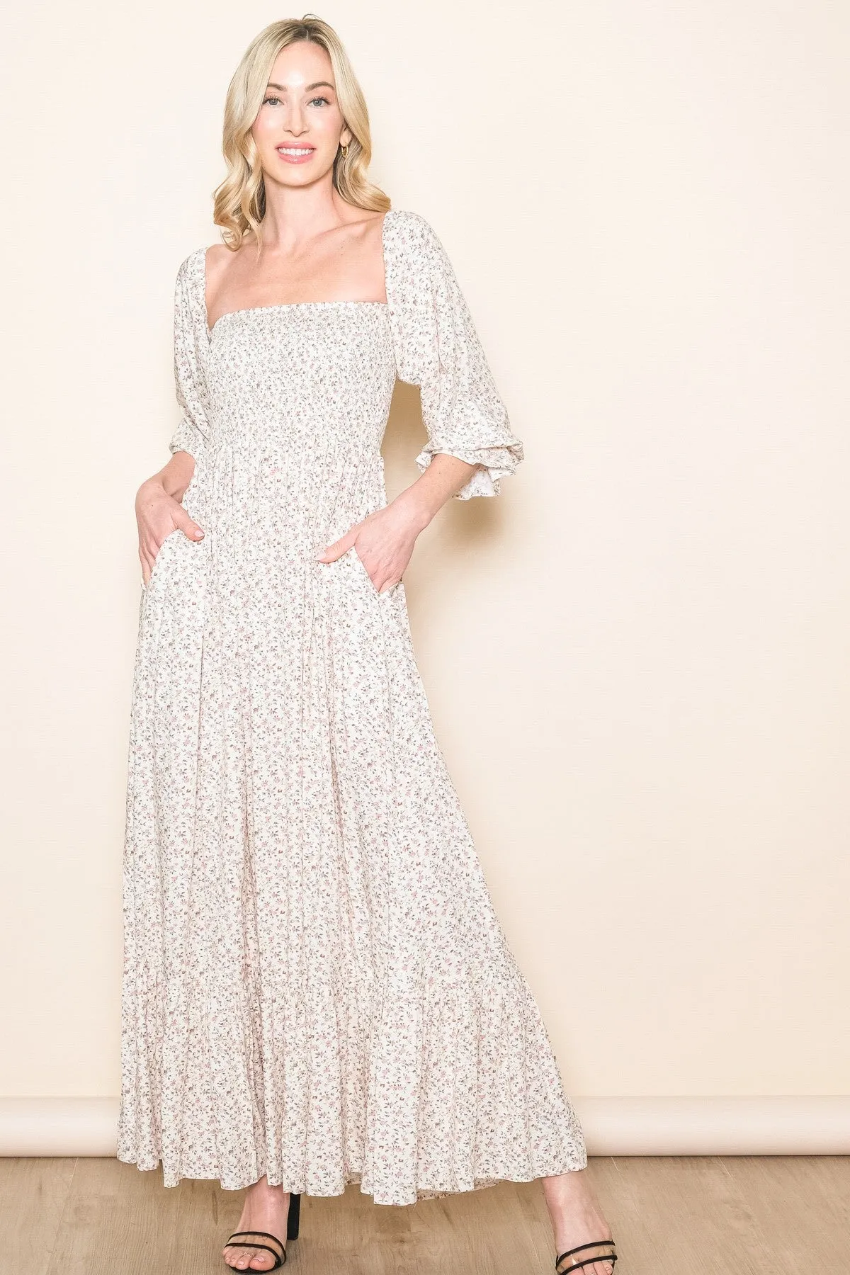 Sassafras  with smocked bodice floral details in cream * on sale