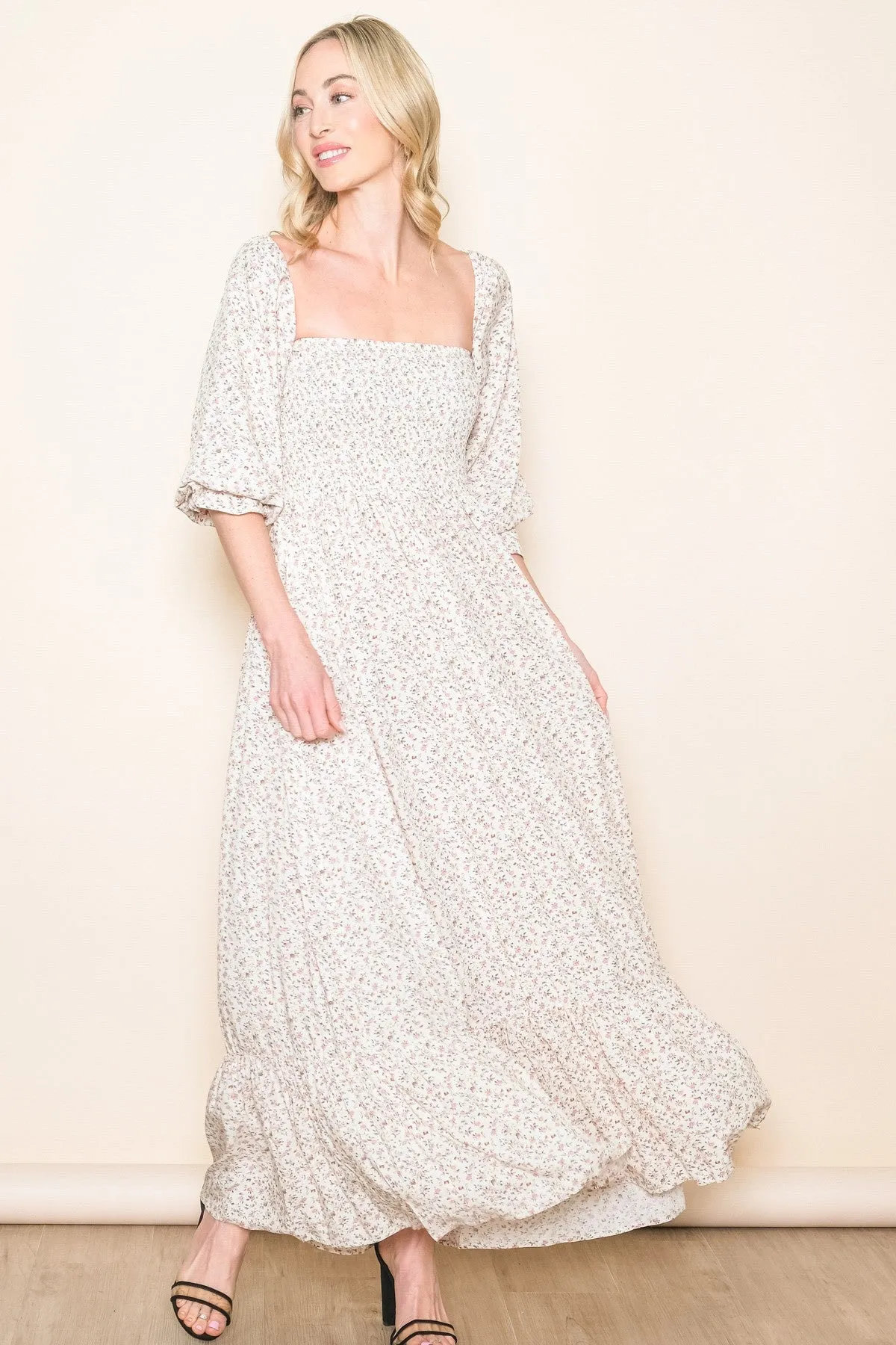 Sassafras  with smocked bodice floral details in cream * on sale